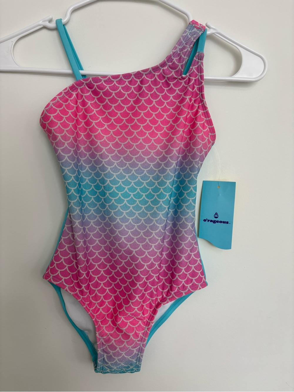 Girls One-Shoulder Mermaid Scale Swimsuit in Pink & Teal